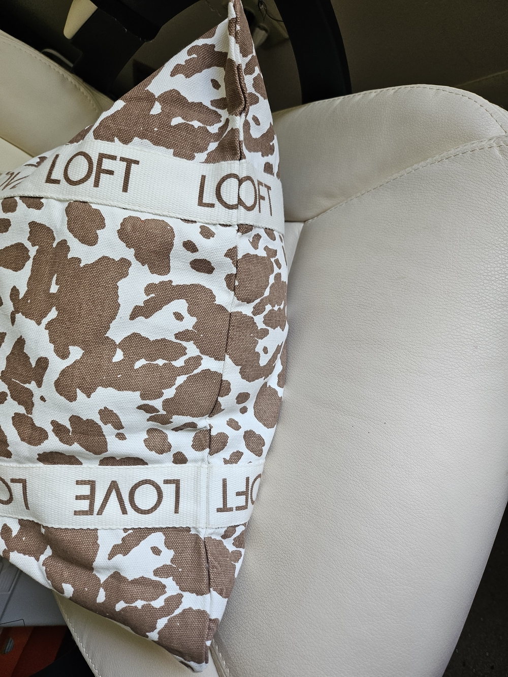 LOFT Brown and Cream Cowprint Canvas Tote with LOVE LOFT Straps - Picture 7 of 9